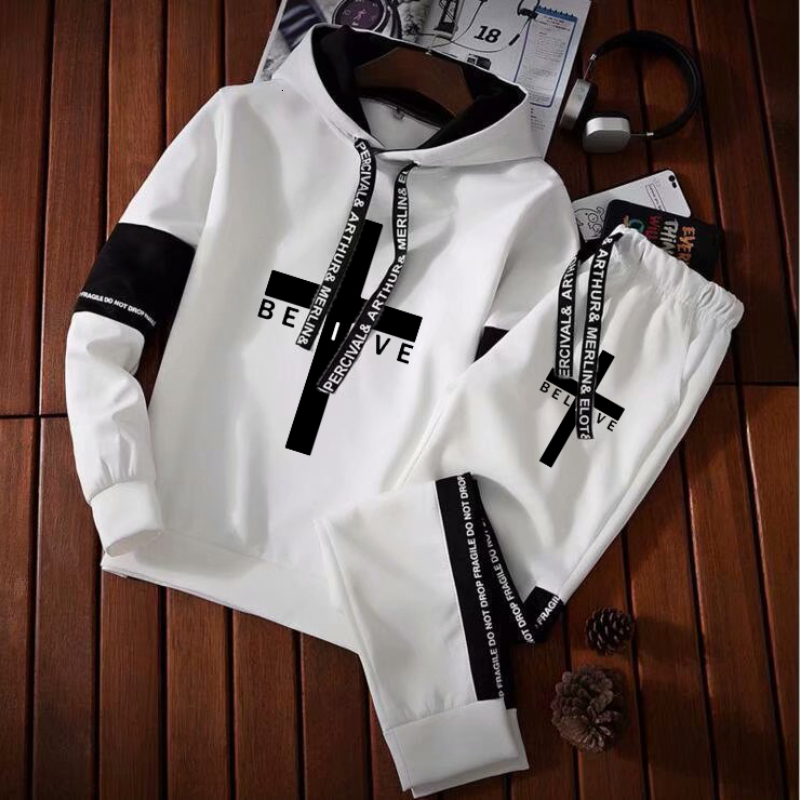 Men's Hoodies Sweatshirts Men's Winter Sportswear Outfit Cross Print Men's Black and White Letter Suit Drawstring Streetwear Pullover C