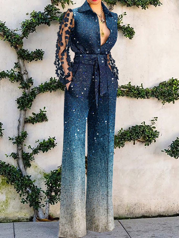 Womens Jumpsuits Rompers Spring Lady Long Sleeve Lace Up Romper Women Elegant Office Lapel Single-breasted Jumpsuit Shiny Patchwork Party Outfit Plays