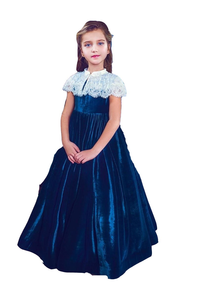 Royal Blue Princess Flower Girl Dresses Sweep Train High Neck White Lace Crystal Beads Veet Gilrs Pageant Little Kids First Communion Dress Dark Red 4
