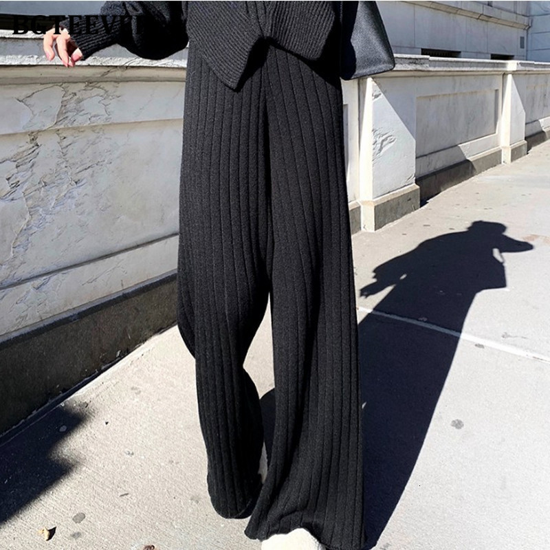 Women's Pants Capris BGTEEVER Casual Warm Loose Floor-length Sweater for Women Autumn Winter High Waist Wide Leg Knitted Trousers Femme 221122