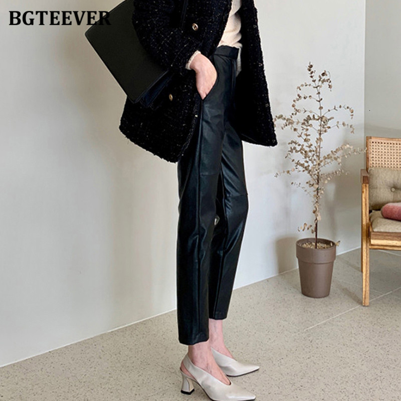 Women's Pants Capris BGTEEVER MIidi Waist Spliced Loose Leather Autumn Solid Zipper PU Trousers Straight Female 221122