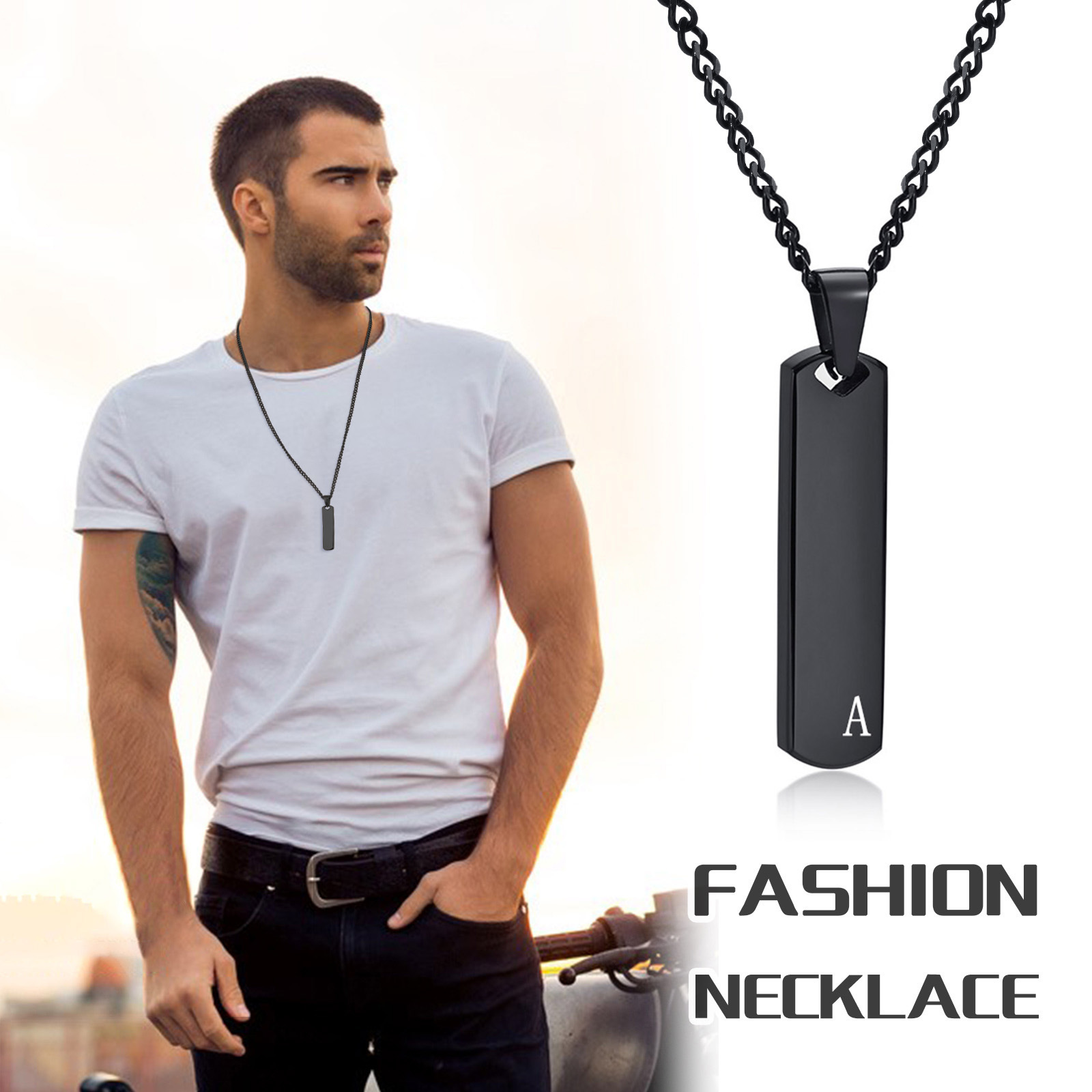 Initial Bar Necklace for Him Men Thick Geometric Vertical Pendant with A-Z Letters Custom Name English Letter Necklace DIY Punk Jewelry Gift Casual Si