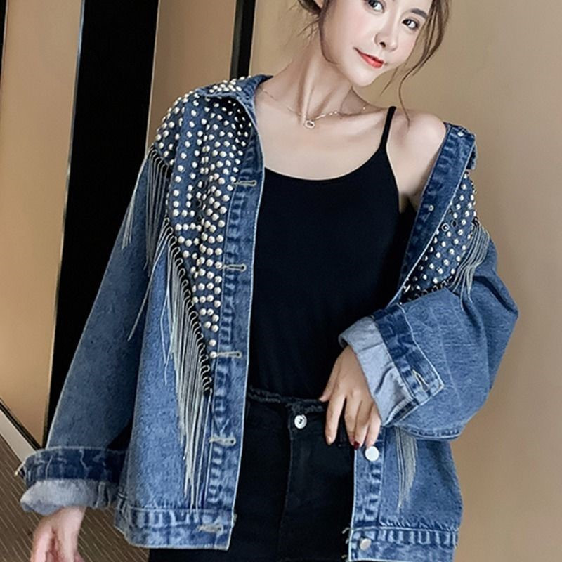 Women's Jackets Autumn Women Denim Hand-studded Rivet Tassel Overcoat Female Jeans Loose Black Coats Outwear 221122