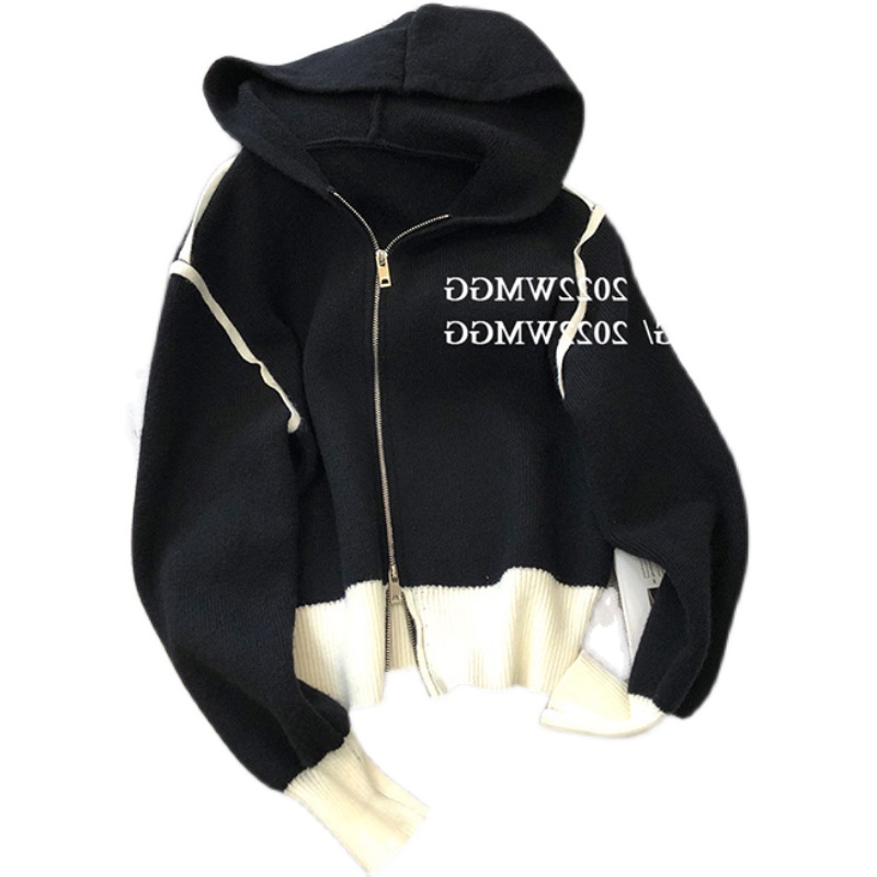 Womens hooded color block zipper front fly knitted sweater coat cardigan SMLXL