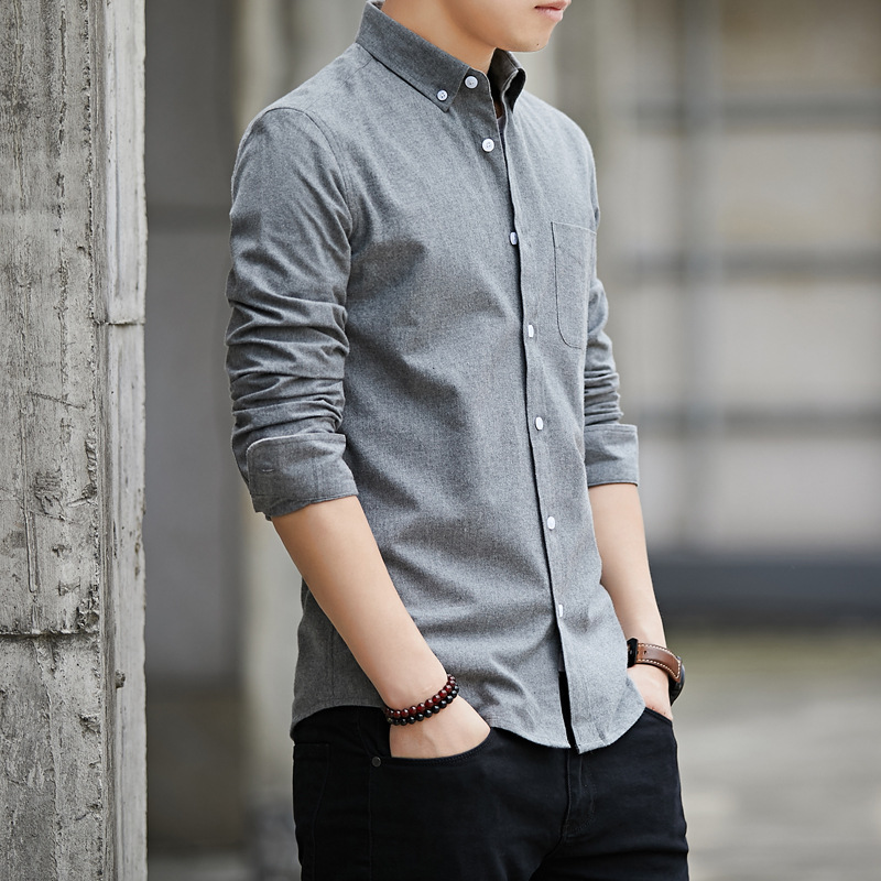 2021 New Oxford Spinning Long Sleeve Men's Shirt South Korea Fit Solid Color Casual Wear