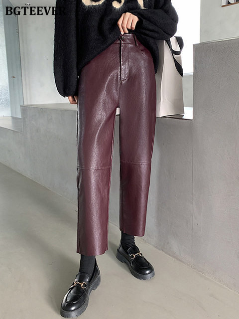Women's Pants Capris BGTEEVER Spring Autumn PU Leather Women Elegant High Waist Pockets Faux Harem Female 221122