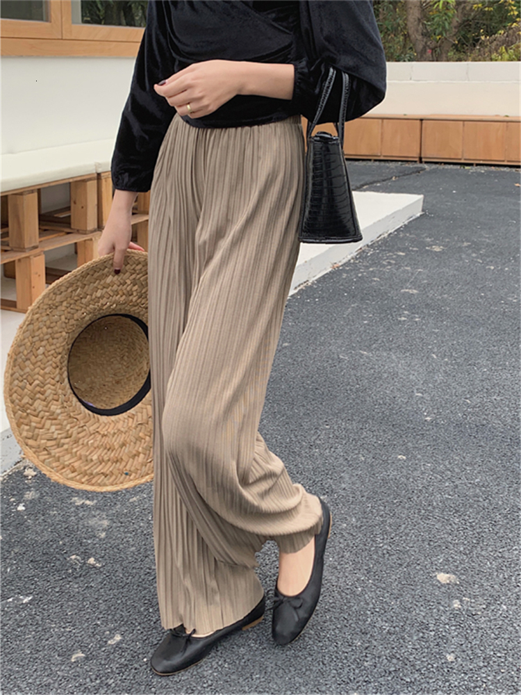 Women's Pants Capris Pleated Wide Leg Summer Elegant High Waist Knitted Female Straight Casual Loose Chic Trouses 221122