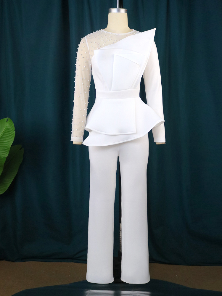 Women's Beaded Jumpsuits: Elegant White Long Sleeve Rompers Wide Leg Party Outfits