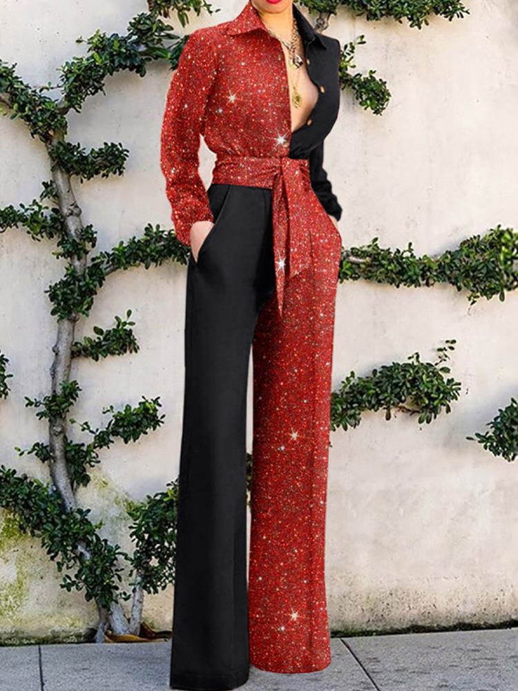 Womens Jumpsuits Rompers Spring Lady Long Sleeve Lace Up Romper Women Elegant Office Lapel Single-breasted Jumpsuit Shiny Patchwork Party Outfit Plays