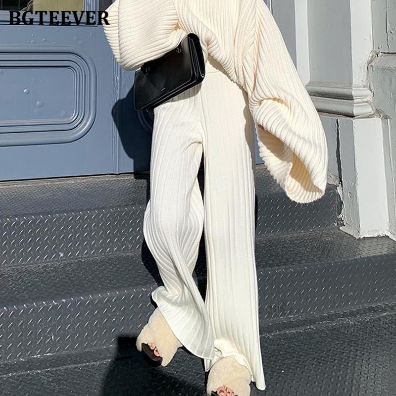 Women's Pants Capris BGTEEVER Casual Warm Loose Floor-length Sweater for Women Autumn Winter High Waist Wide Leg Knitted Trousers Femme 221122