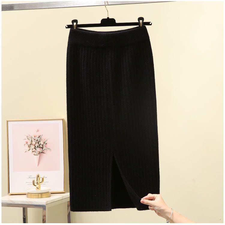 Skirts Womens Knit Slit Autumn and Winter Elastic Waist Solid High Casual Thick Sweater for Female 221122
