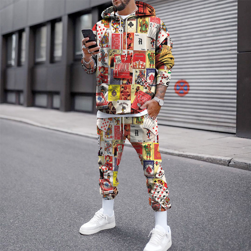 Men's Hoodies Sweatshirts Winter Suit Thermal Spring Sweater Jumper Pants 2Pcs Sports 3D Playing Cards 221122