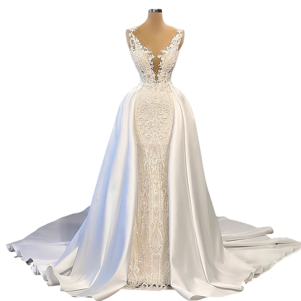 Luxury Princess Mermaid Wedding Dresses with Detachable Train Floral Lace Sheer Neck Applique Bridal Gown vestidos de novia