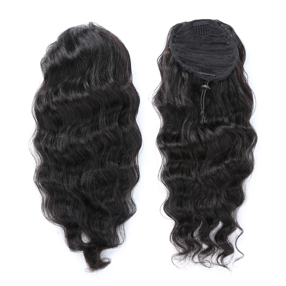Human hair drawstring ponytail for black women wraps 8A Brazilian loose wavy 140g clip jet black color fast shipping long high pony tail wet and wavy