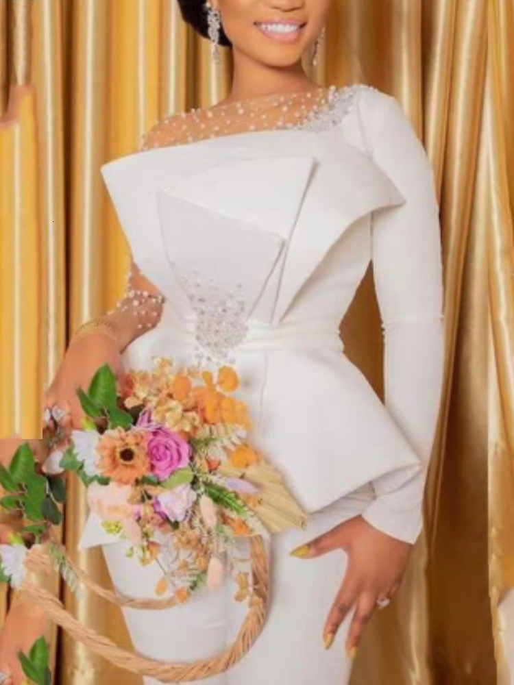 Women's Beaded Jumpsuits: Elegant White Long Sleeve Rompers Wide Leg Party Outfits