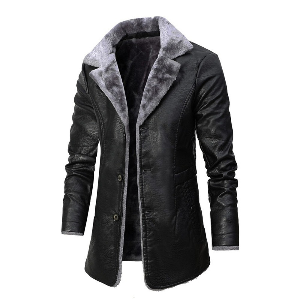 Men's Leather Faux Men Long Fleece Jacket Winter Casual Thick Parkas Male Outfit Warm Vintage Pocket Breasted Jackets Coat 221122