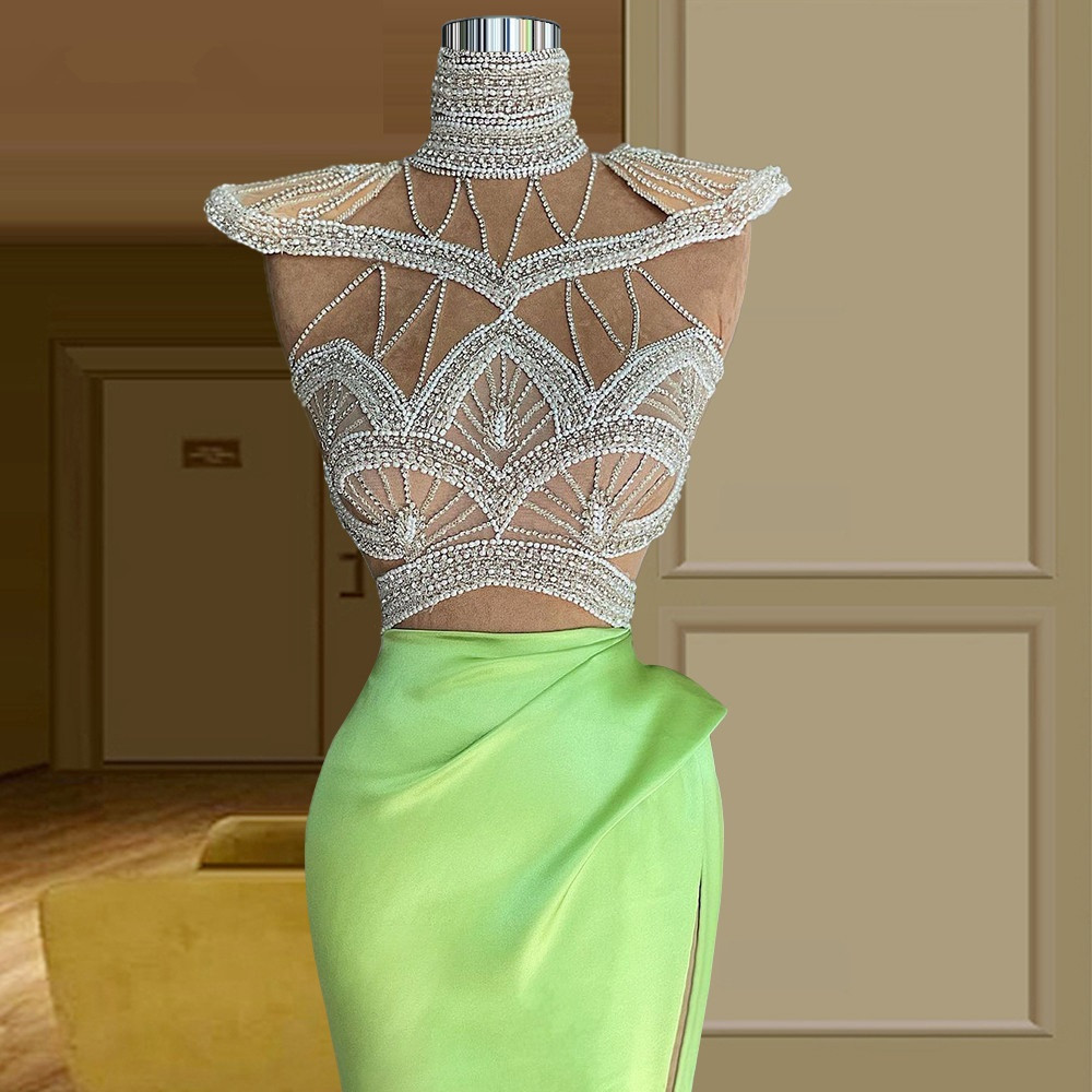 Chic Mint Green Prom Dresses High Neck Cap Sleeves Party Dresses Beaded Crystals Mermaid Split Custom Made Evening Dress