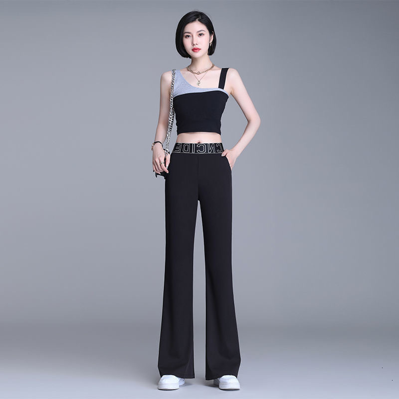 Women's Pants Capris Spring women high waist letter embroidery ice silk baggy wide leg pants Ladies sexy style trousers korean fashion pant 22112