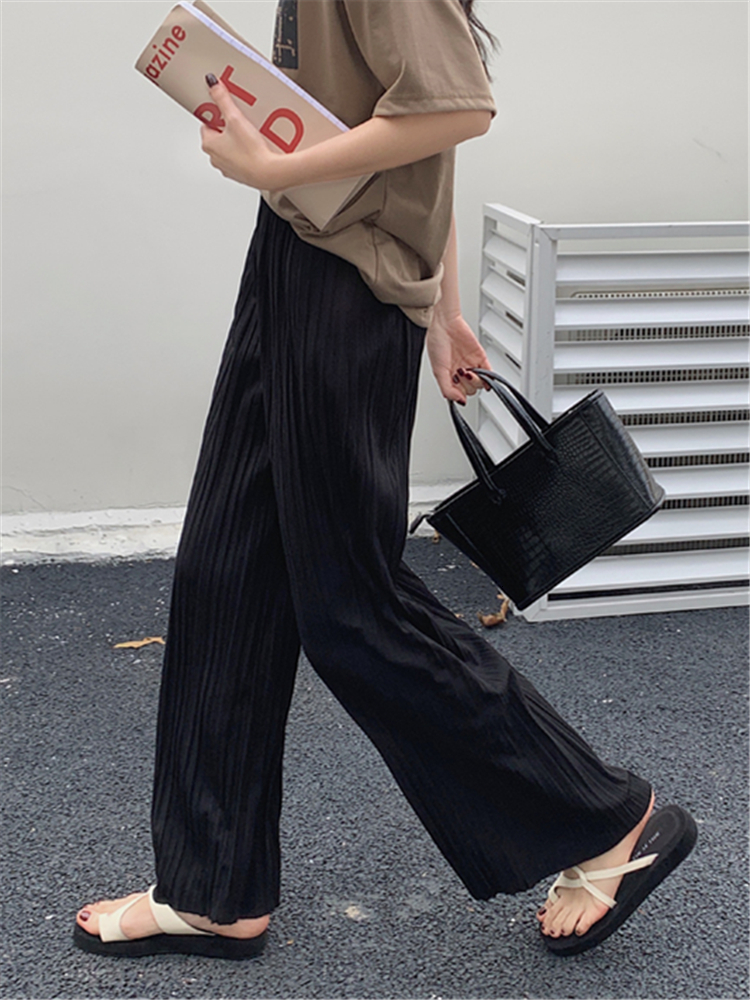 Women's Pants Capris Pleated Wide Leg Summer Elegant High Waist Knitted Female Straight Casual Loose Chic Trouses 221122