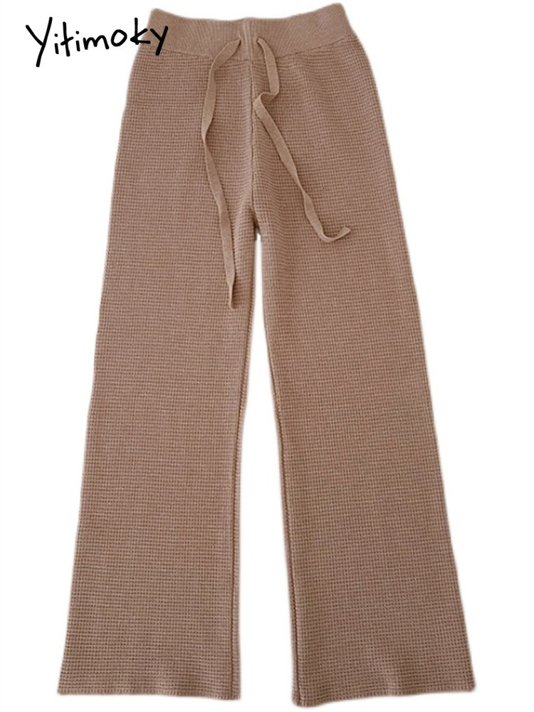 Women's Pants Capris Yitimoky Knitted Wide Leg Women Fall Winter Drawsing Casual Trousers Elegant Ladies Chic White Black High Waist 221122