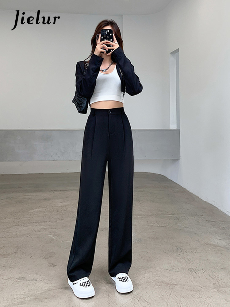 Women's Pants Capris Jielur White Wide Leg for Women High Waist Pockets Loose Workwear Office Lady Female Black Trousers S-XL Pantalon 221122