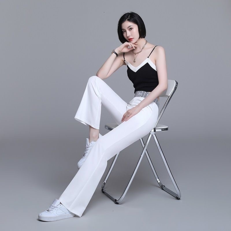 Women's Pants Capris Spring women high waist letter embroidery ice silk baggy wide leg pants Ladies sexy style trousers korean fashion pant 22112