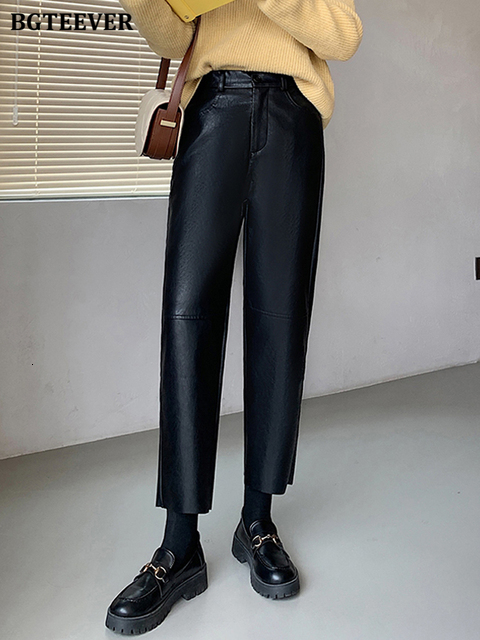 Women's Pants Capris BGTEEVER Spring Autumn PU Leather Women Elegant High Waist Pockets Faux Harem Female 221122