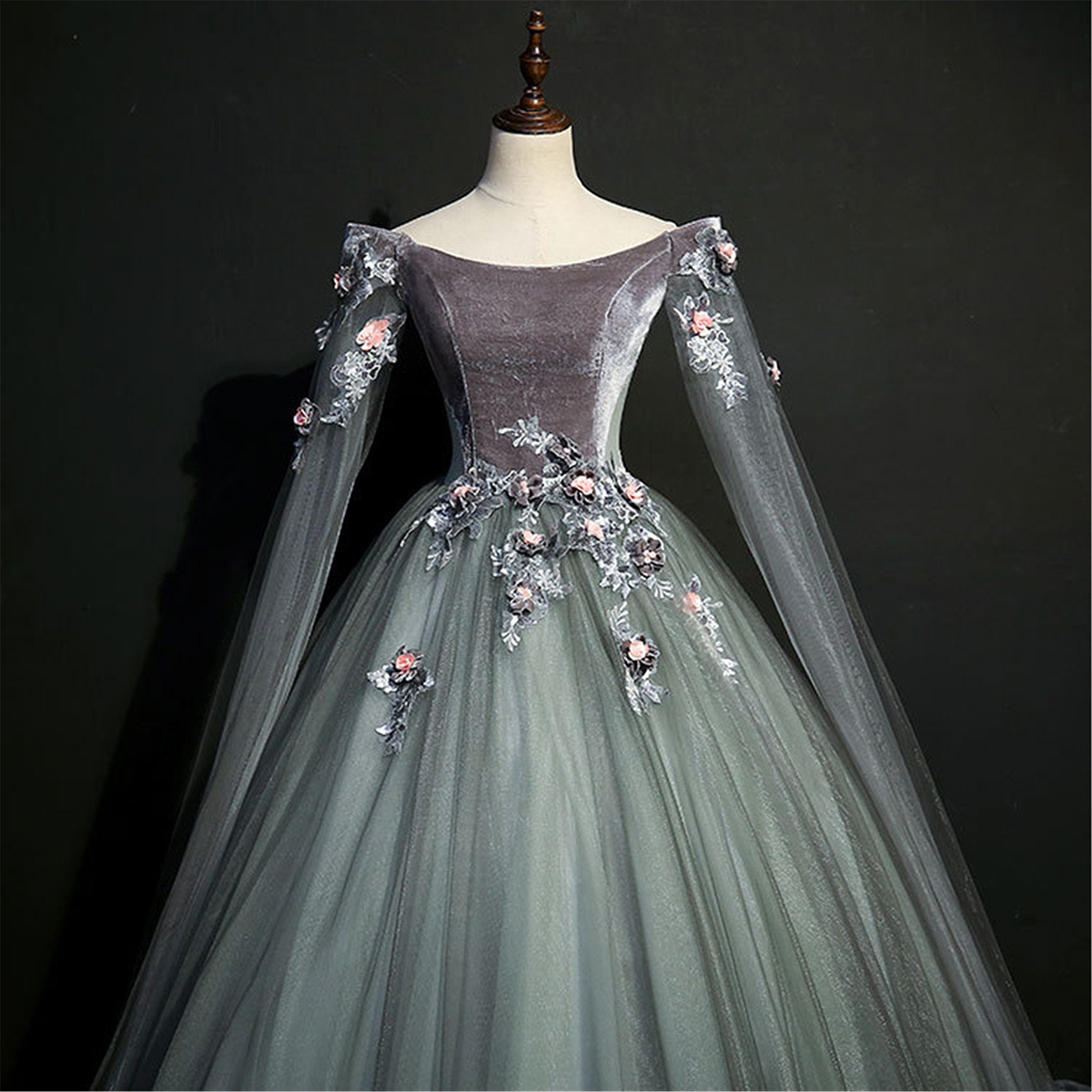 Elegant Prom Dresses A-Line Bateau Long Net Sleeves 3D Flower Applicant Lace Up Applicant Stain Floor Length Layered Custom Made Plus Size Princess Ro