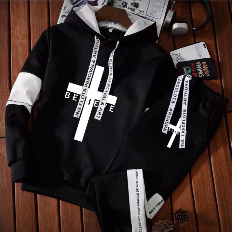 Men's Hoodies Sweatshirts Men's Winter Sportswear Outfit Cross Print Men's Black and White Letter Suit Drawstring Streetwear Pullover C