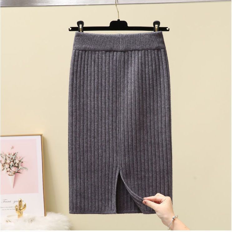 Skirts Womens Knit Slit Autumn and Winter Elastic Waist Solid High Casual Thick Sweater for Female 221122