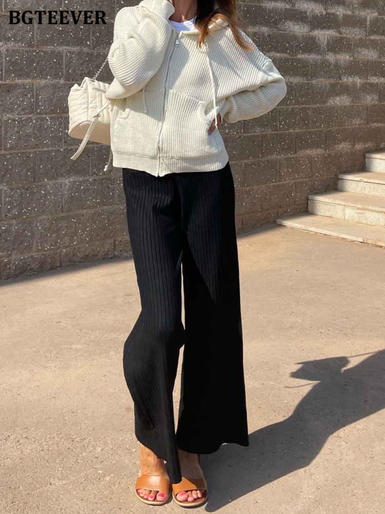 Women's Pants Capris BGTEEVER Casual Elastic Waist Knitted Trousers Women Autumn Winter Warm Pantalon Elegant Loose Female Sweater 221122