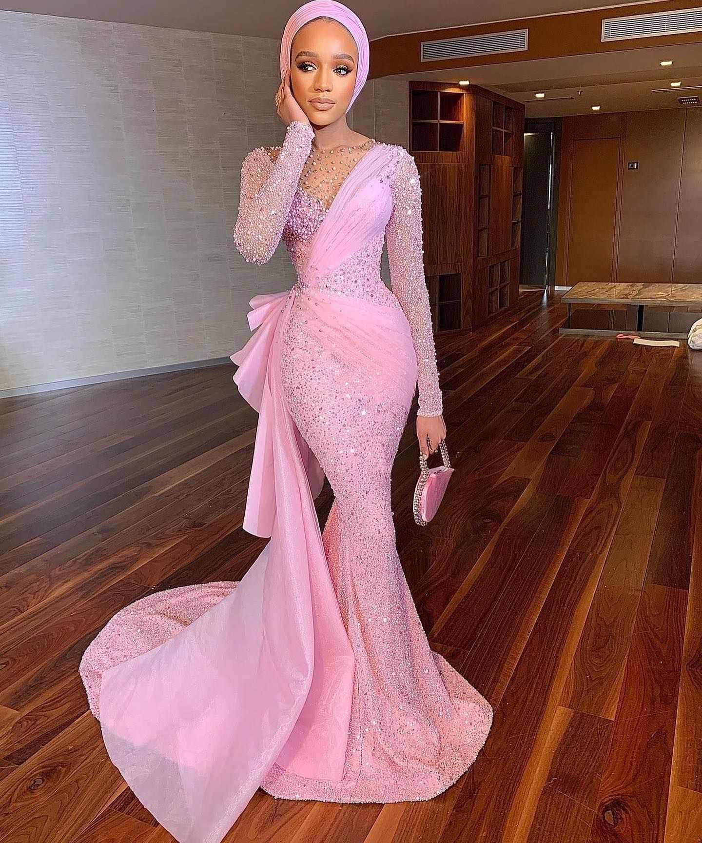 Sparkly Pink Sequins Mermaid Prom Party Dresses Long Sleeves Plus Size Formal Evening Ocn Gowns For Arabic Women Vestidos De Novia 322