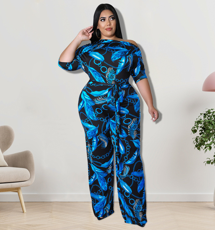 Women's Plus Size Tracksuits Perl Vintage Printed Jumpsuit for Women Fashion Wide Led Rompers Plus Size Summer Outfit Casual Bandage Overall stre