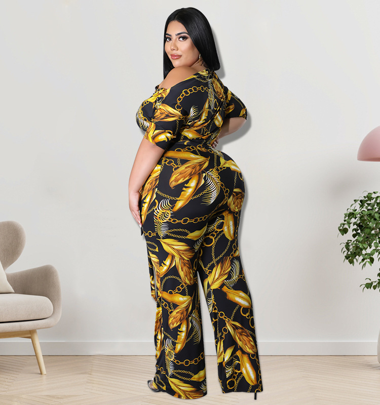 Women's Plus Size Tracksuits Perl Vintage Printed Jumpsuit for Women Fashion Wide Led Rompers Plus Size Summer Outfit Casual Bandage Overall stre