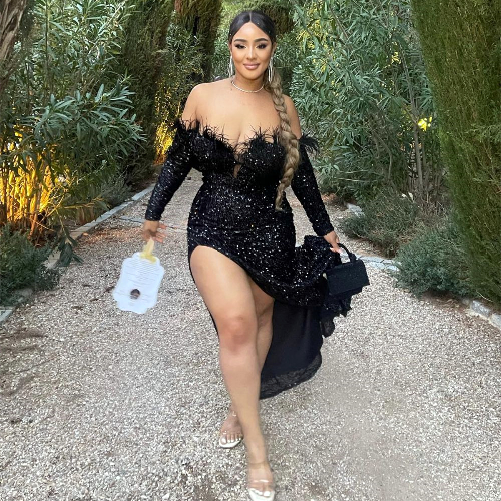 Sexy Black Sequined Prom Dresses Feather Long Sleeve Off The Shoulder Side High Split Long Sheath Special Occasion Gowns Glitter Evening Dress For Wom