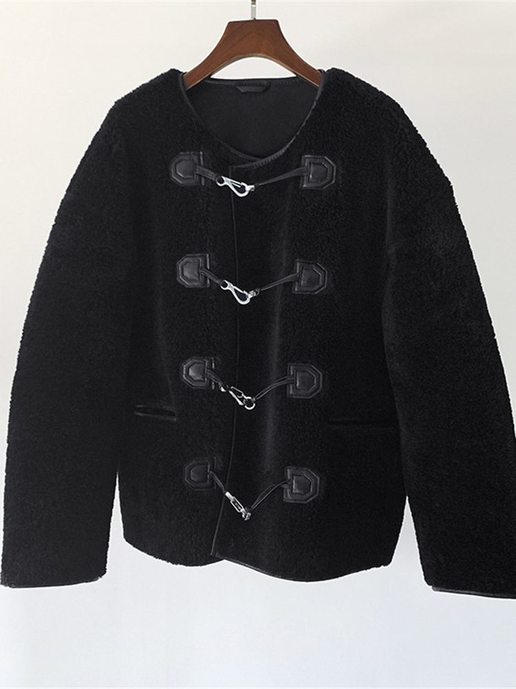 Women's Fur Faux Women O-Neck Coat Ladies Loose Long Sleeve Metal Buttons Outwear Female Jacket Tops 221123