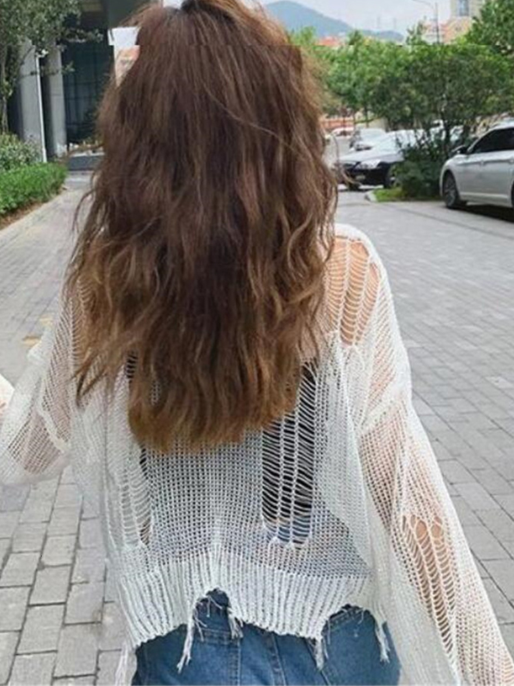 Women's Sweaters Spring Summer Knitted Women Pullover Jumper Hollow Out Autumn Long Sleeve O-Neck Female Casual Ladies Short Top 221123