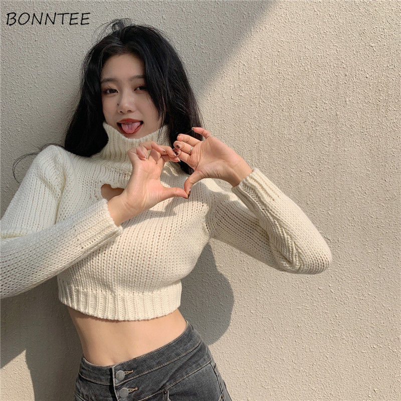 Women's Sweaters Pullover Women Leisure Solid Hollow Out Fashion Elegant Slim All-match Female Cropped Turtleneck Sweater College Korean Style 22
