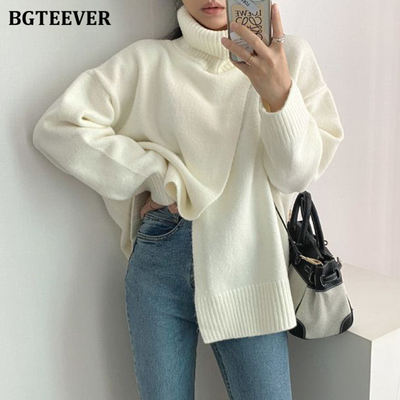Women's Sweaters BGTEEVER Elegant Solid Turtleneck for Women Casual Long Sleeve Front Split Female Knitted Pullovers Autumn Winter 221123