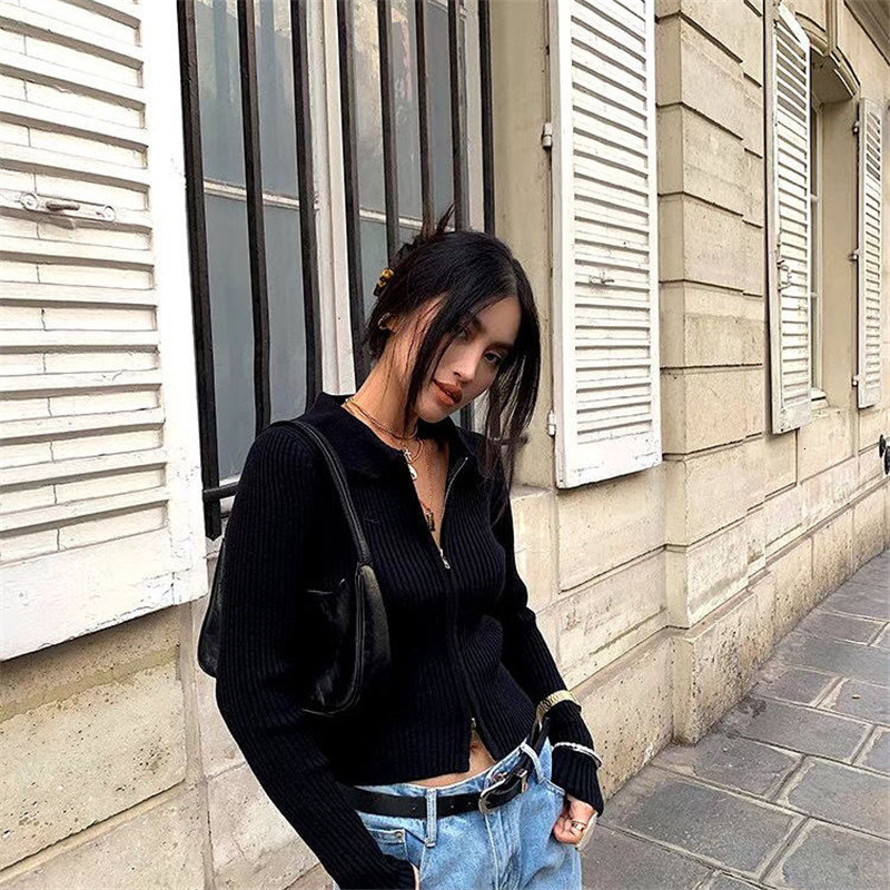 Women's Knits Tees Sexy Double Zipper Cardigan Women Autumn Long Sleeve Stretch Ribbed Knitted Sweater Female White Jumper Blusa De Frio Feminina