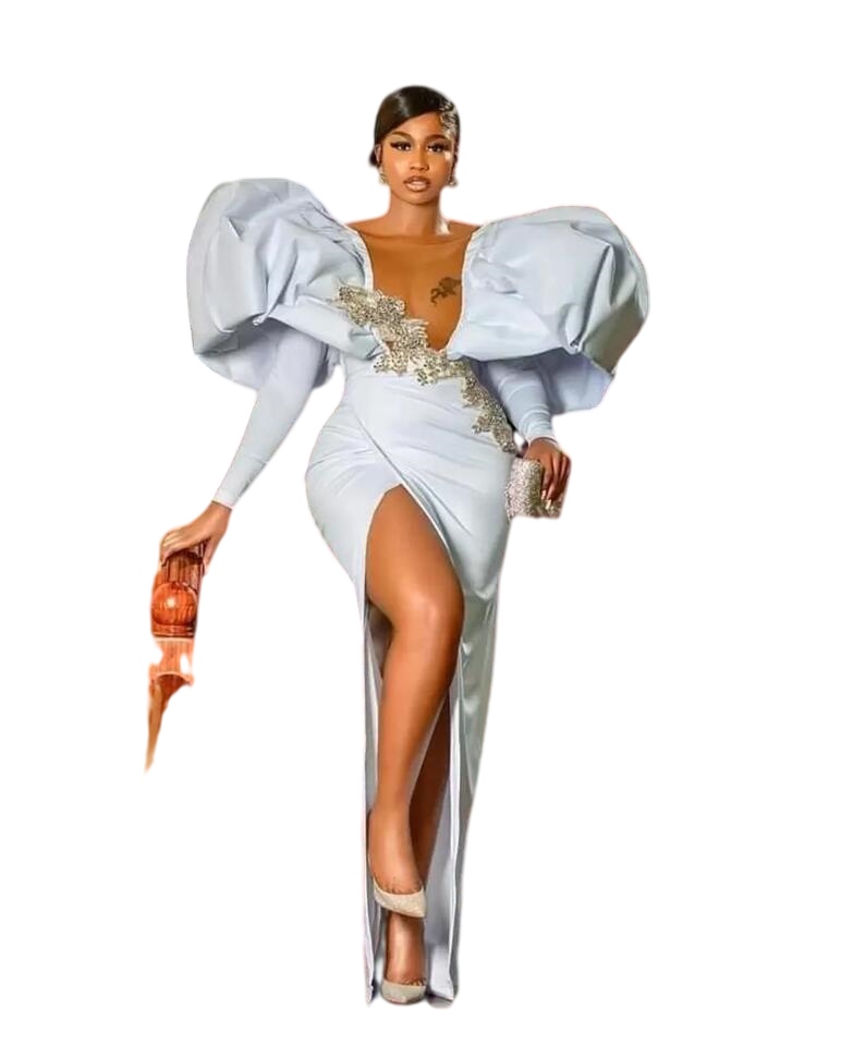Silver Satin evening Dresses With Puffy Sleeves Bead High Slit Mermaid prom Dress Plus Size arabic Aso Ebi Party Gowns For African Women