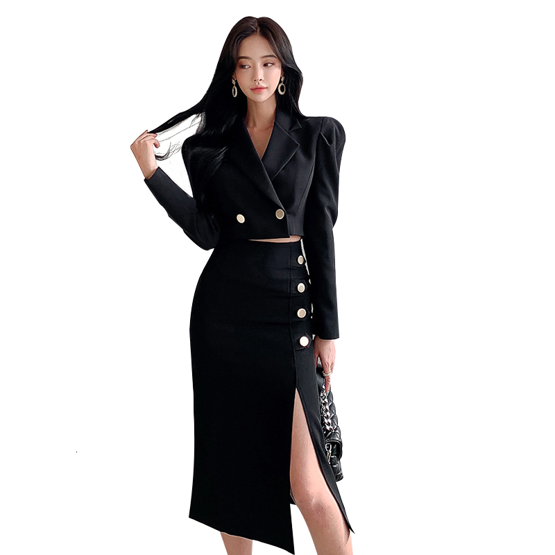Two Piece Dress Spring Autumn Black 2 Pieces Set Women Lady Chic Temperament Formal Casual Short Cropped Coat High Waist Skirt Slim Outfit Suits 22112