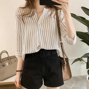 Women's Jumpsuits Rompers Arc Neckline Vertical Stripe Elegant Women Blouse Large Size Threequarter Sleeve Show Collarbone Loose Slim Women Strip