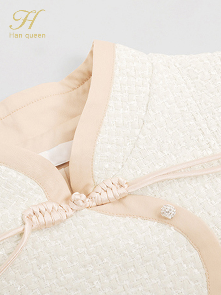 Two Piece Dress H Han Queen Women Autumn Winter Casual Tweed 2 Pieces Set Vintage Stand Tops Pencil Skirt Korean Elegance Simple Suit