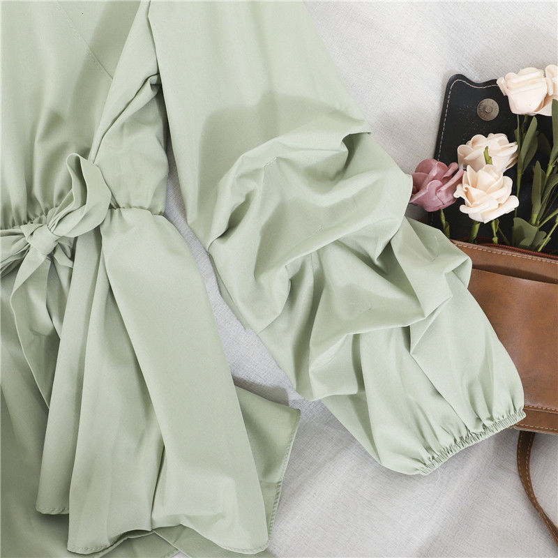 Women's Jumpsuits Rompers Korean Sweet Bow LaceUp VNeck Blouses Women Elegant Pleated Lantern Long Sleeve Shirt Chic Elastic Waist Slim Pullover 