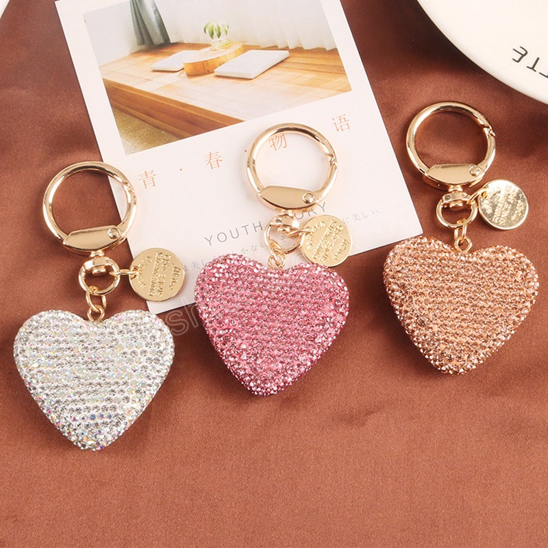 Women Car Bag Keychain Colorful Heart Shape Rhinestone Crystal Alloy Keychains Shining Pendant Ornament Gifts