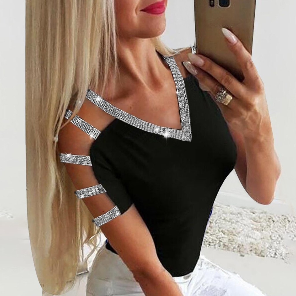 Women's Jumpsuits Rompers Women Sequins Blouse V Neck Sexy Hollow Out Blouses Summer Fashion Short Sleeve Shirt Top Female Casual Glitter Tunic T