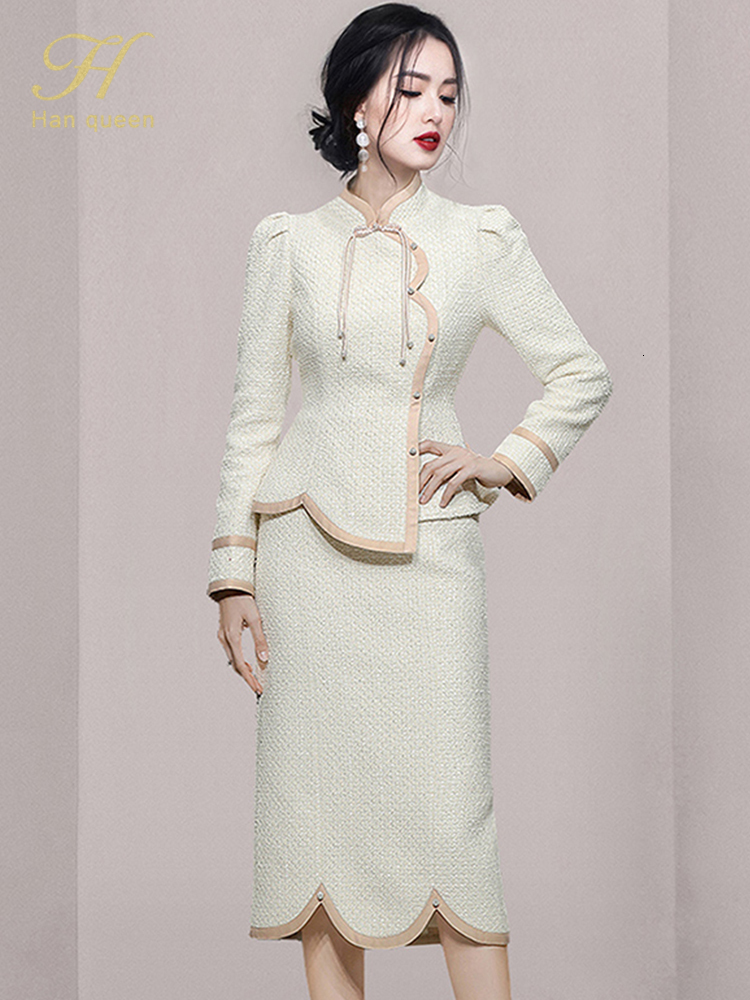 Two Piece Dress H Han Queen Women Autumn Winter Casual Tweed 2 Pieces Set Vintage Stand Tops Pencil Skirt Korean Elegance Simple Suit
