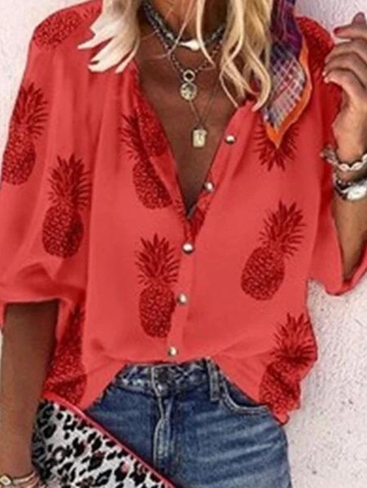 Women's Jumpsuits Rompers Casual Pineapple Print Office Blouses Women Autumn Lapel ladies shirts Fashion Button Access control Female WHITE Tops 