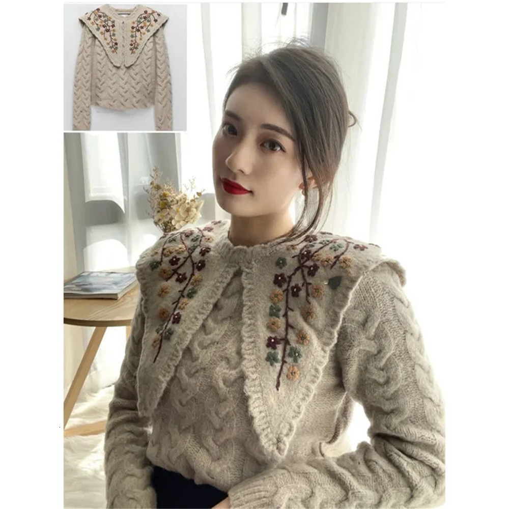 Women's Sweaters Winter Full Sleeve Thick Knitted Ladies Vintage Flower Embroidery Women'S Sweater Fashion Peter Pan Collar Slim Pullovers F